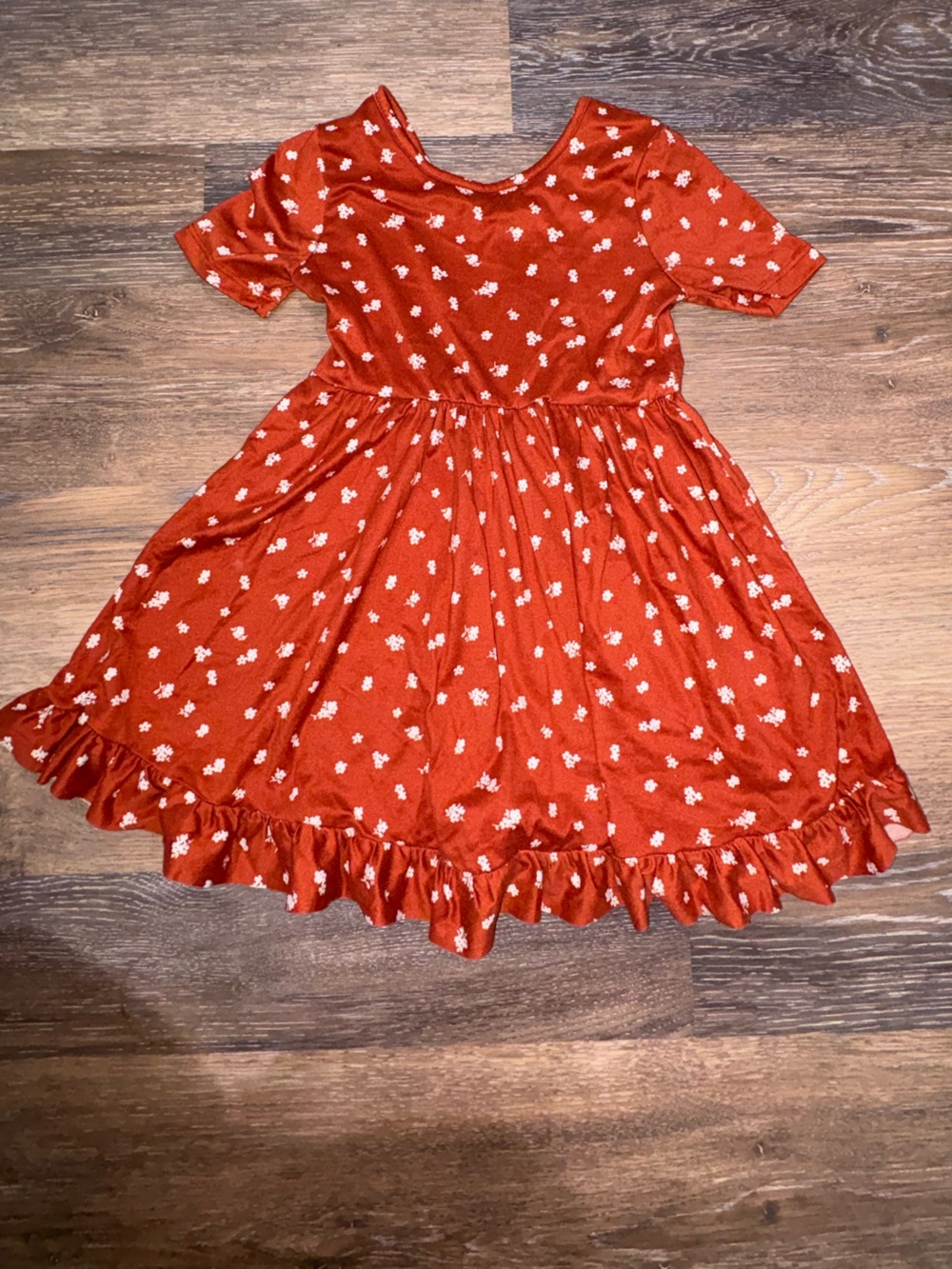 Girls Rust Orange Floral Ruffle Short-Sleeve Dress